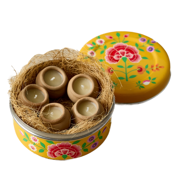 Dalit Goods Co Dalit Goods, Handbemalter Behälter mit 5 Dalit-Kerzen, gelb
