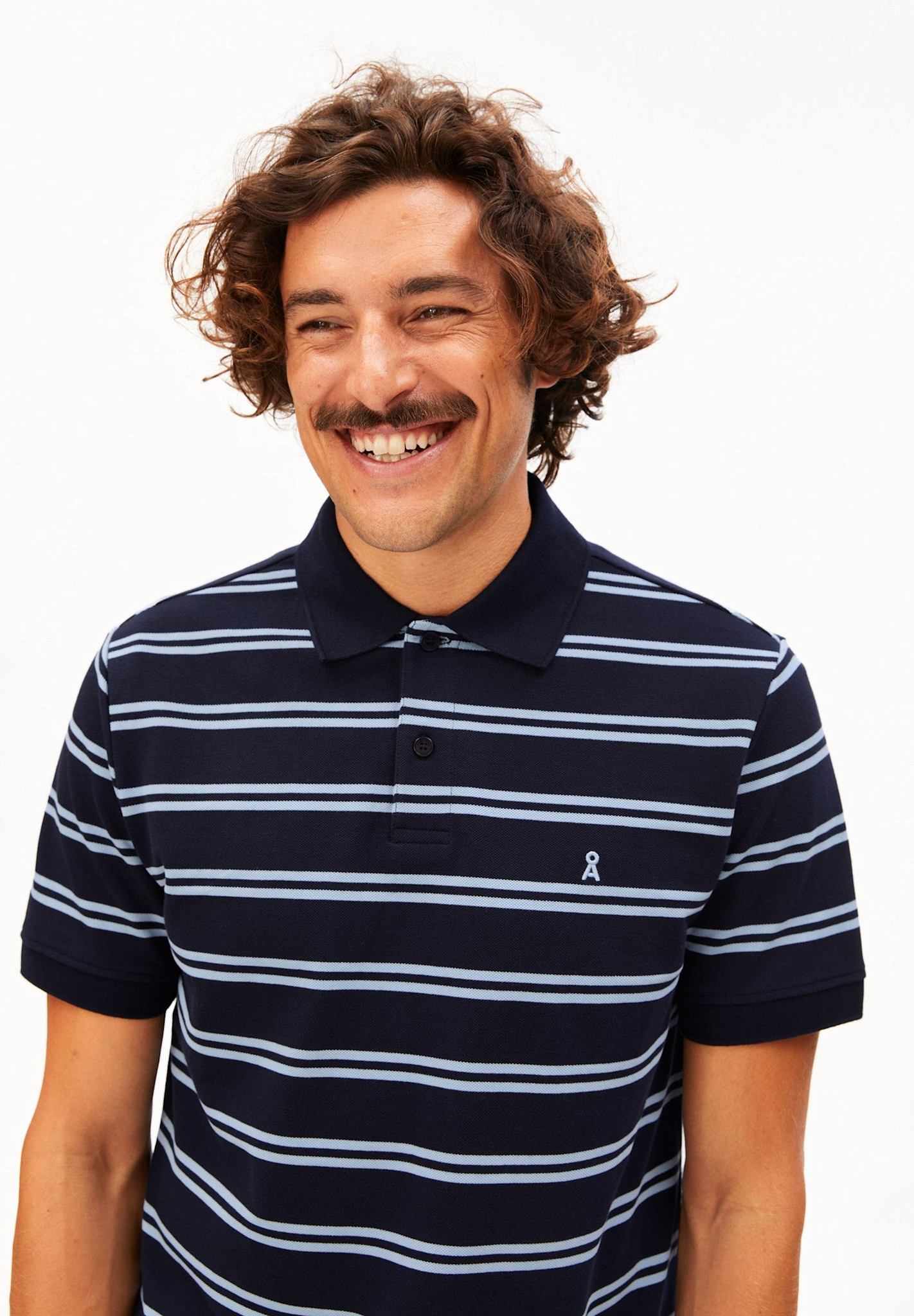 Armedangels Armedangels, Striped Polo T-Shirt, tinted navy-wedgwood, L