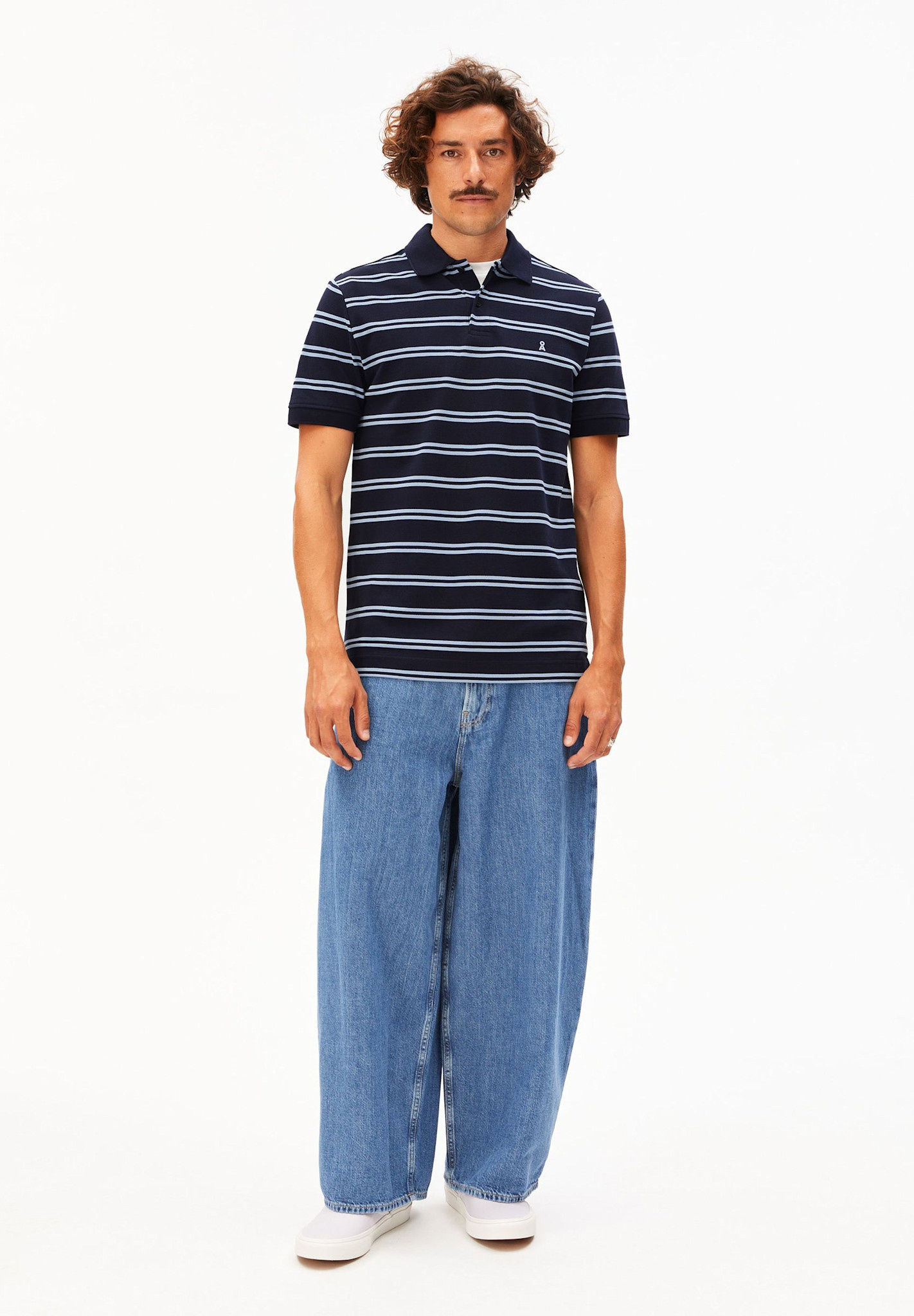 Armedangels Armedangels, Striped Polo T-Shirt, tinted navy-wedgwood, M