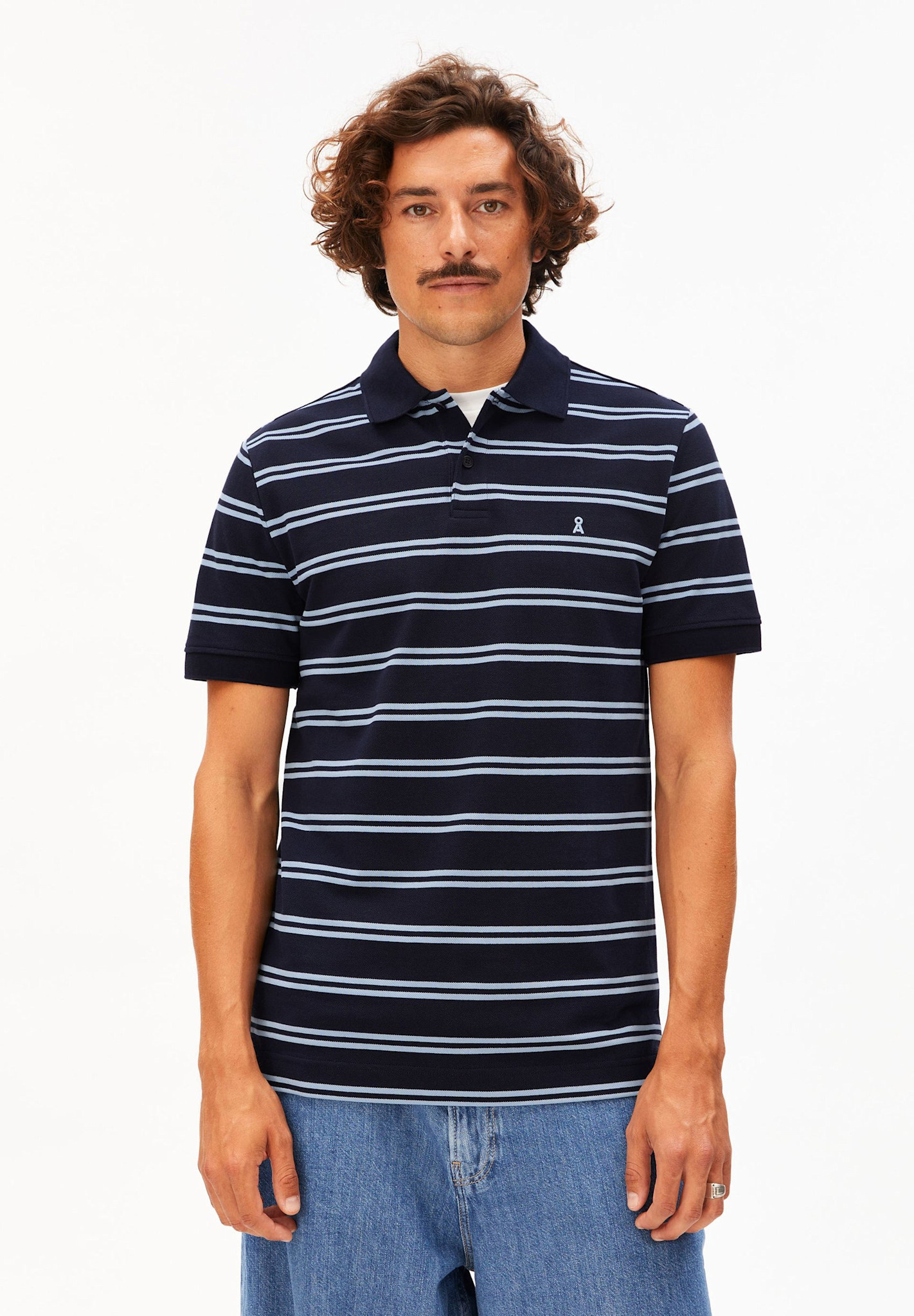 Armedangels Armedangels, Striped Polo T-Shirt, tinted navy-wedgwood, S