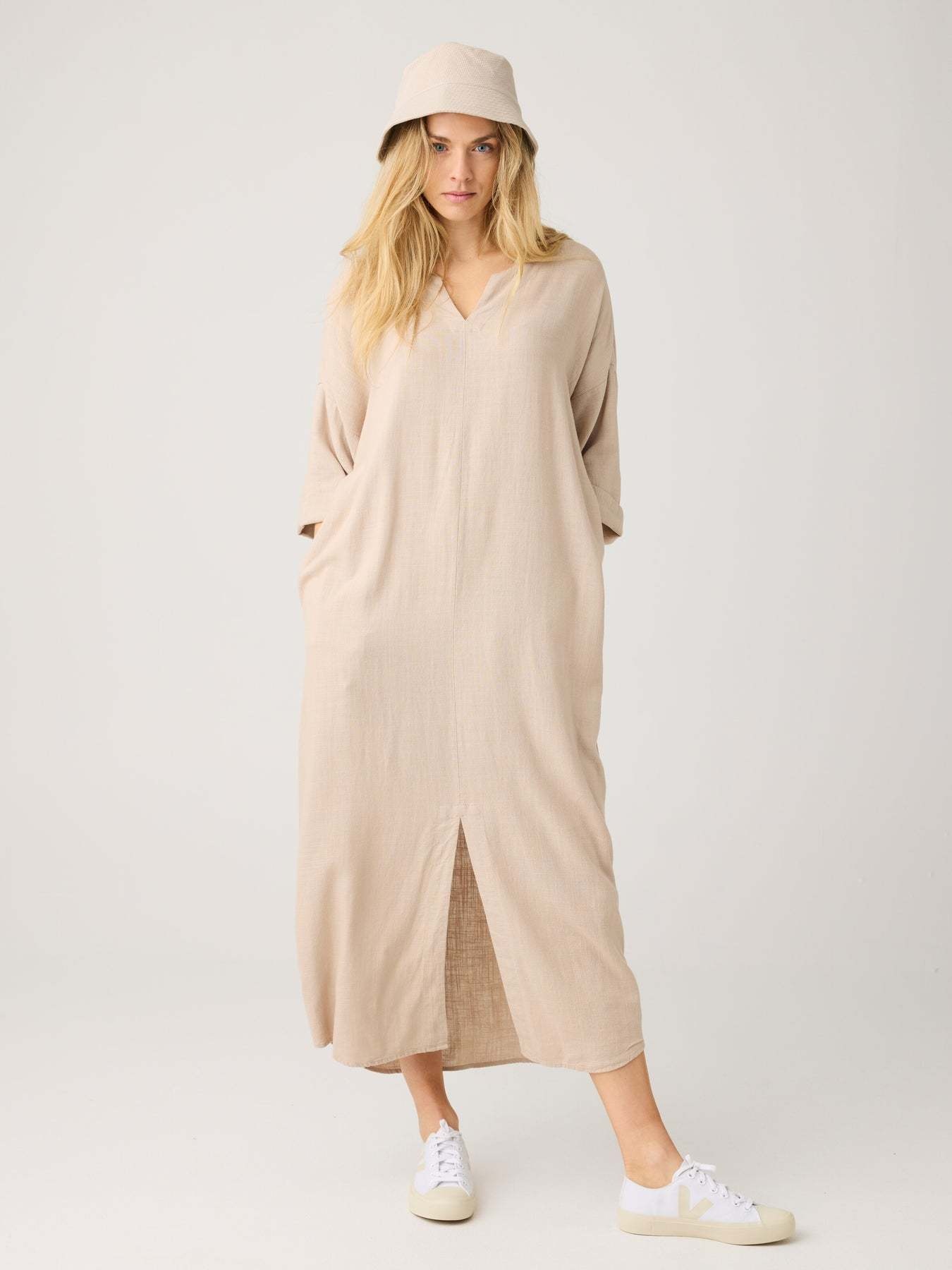 KnowledgeCotton Apparel KnowledgeCotton, Linen V-Neck Dress, light feather gray, L