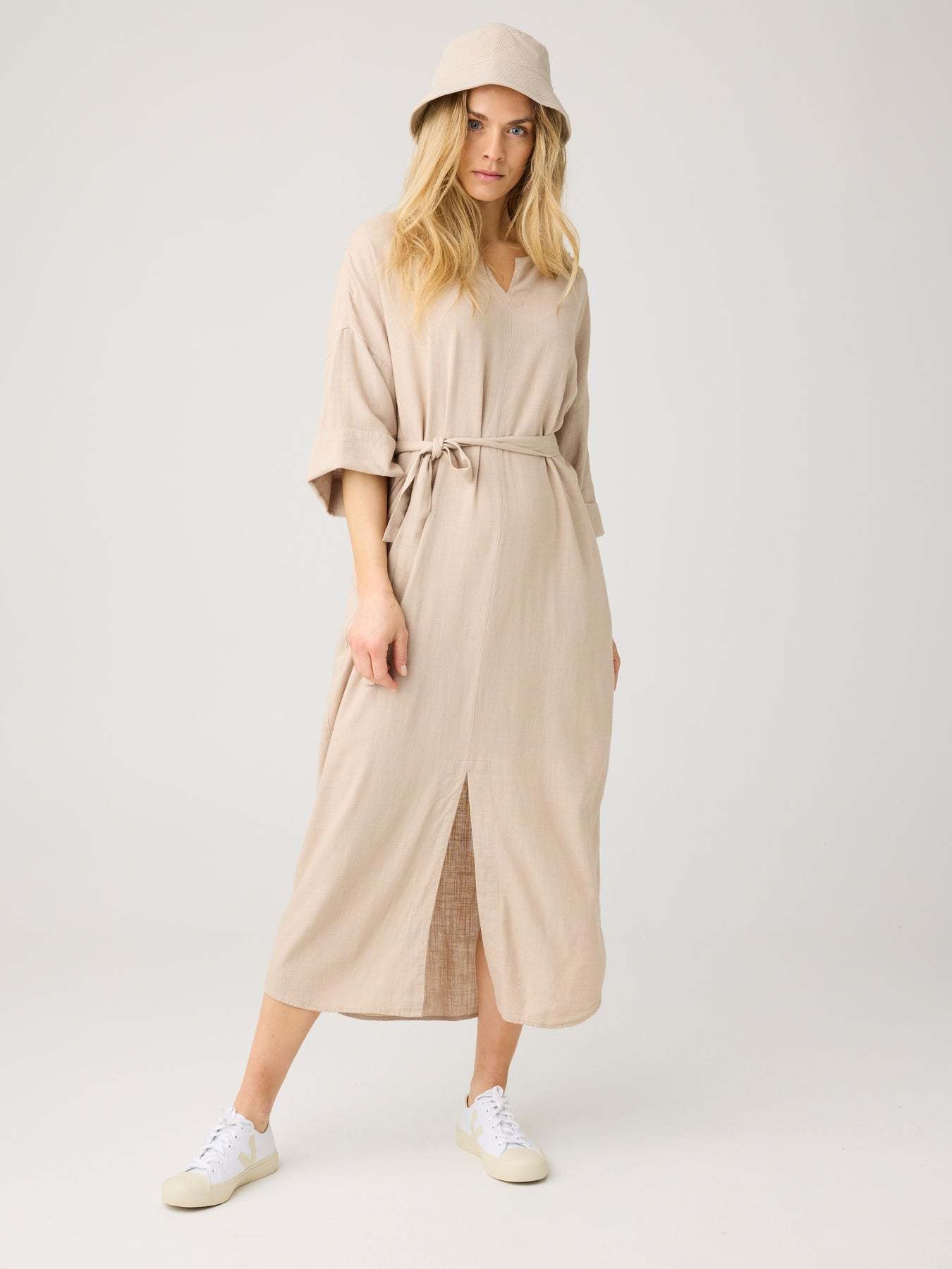 KnowledgeCotton Apparel KnowledgeCotton, Linen V-Neck Dress, light feather gray, S