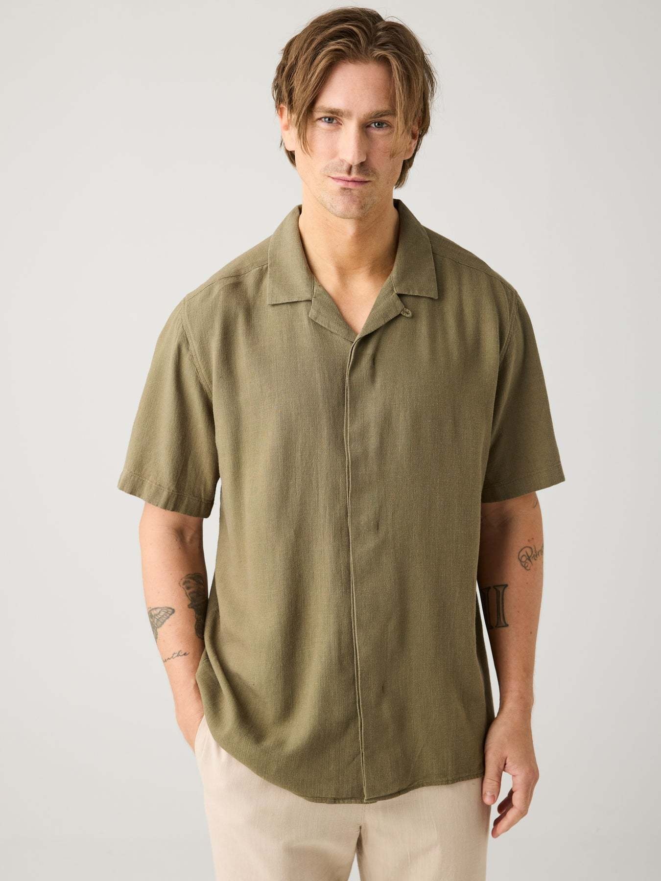 KnowledgeCotton Apparel KnowledgeCotton, Moss Relaxed Linen SS Shirt, burned olive, M