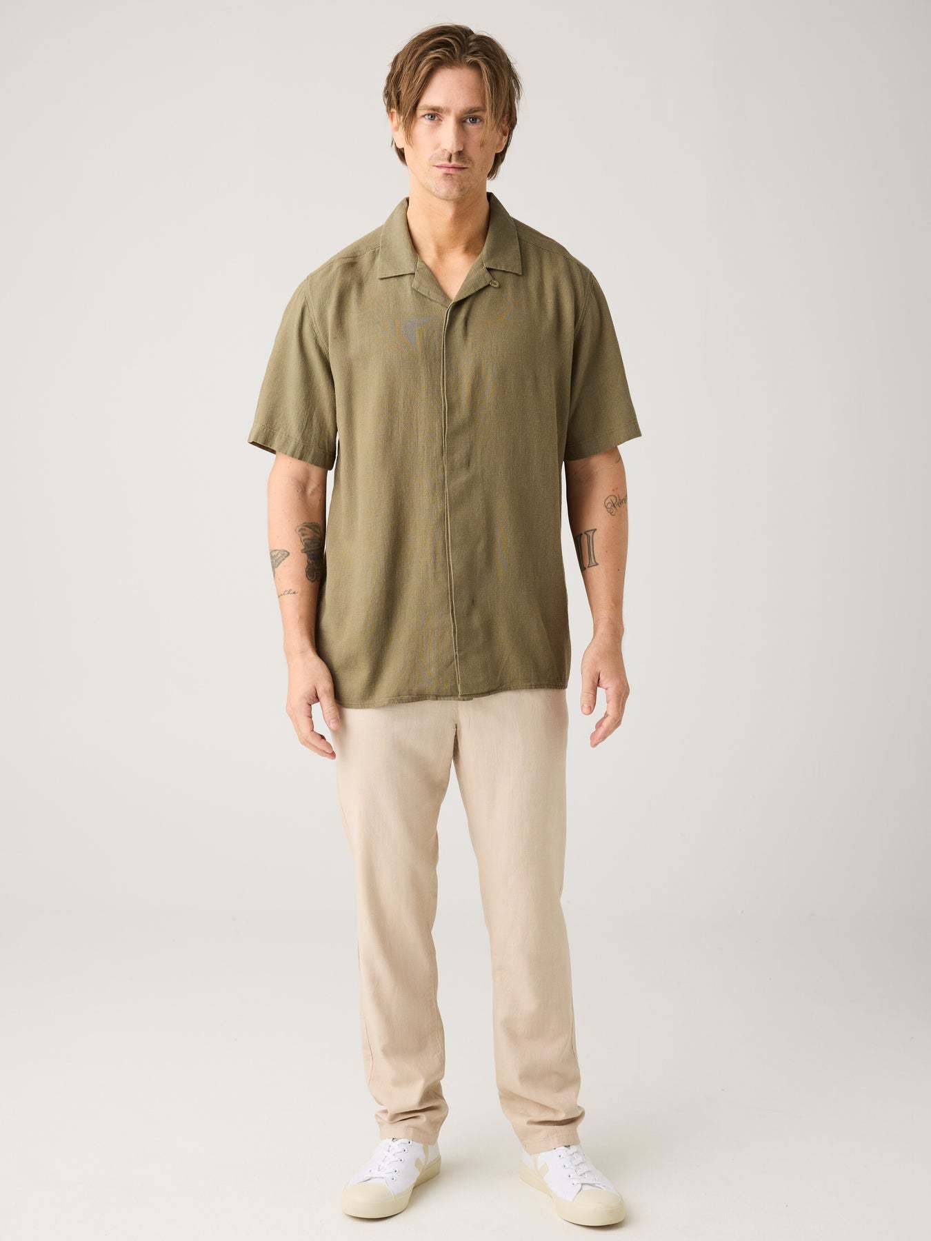 KnowledgeCotton Apparel KnowledgeCotton, Moss Relaxed Linen SS Shirt, burned olive, S