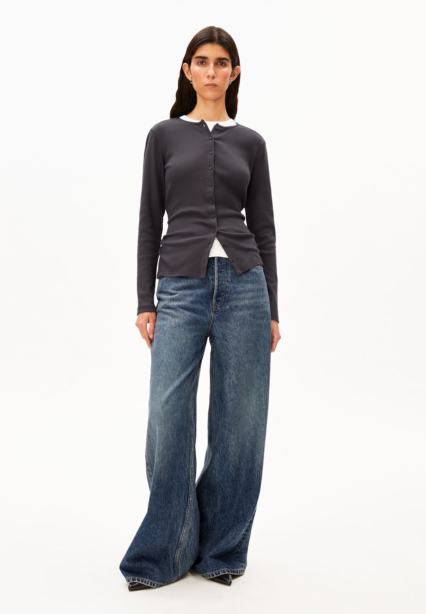 Armedangels Armedangels, Rib Button Longsleeve, dark steel, M