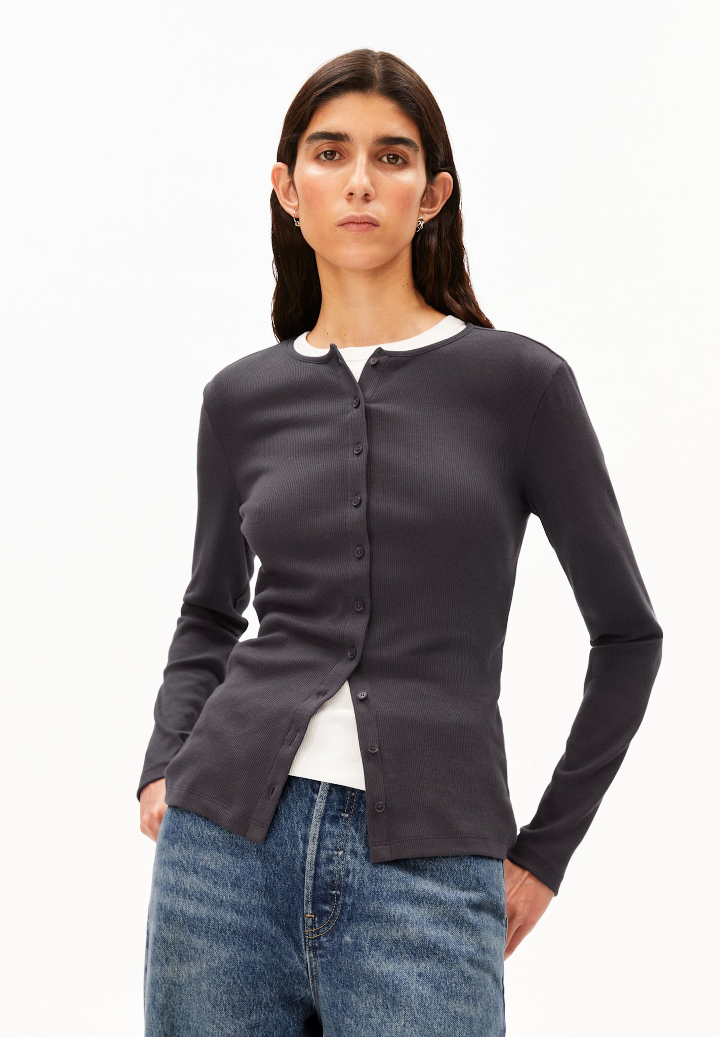 Armedangels Armedangels, Rib Button Longsleeve, dark steel, XS