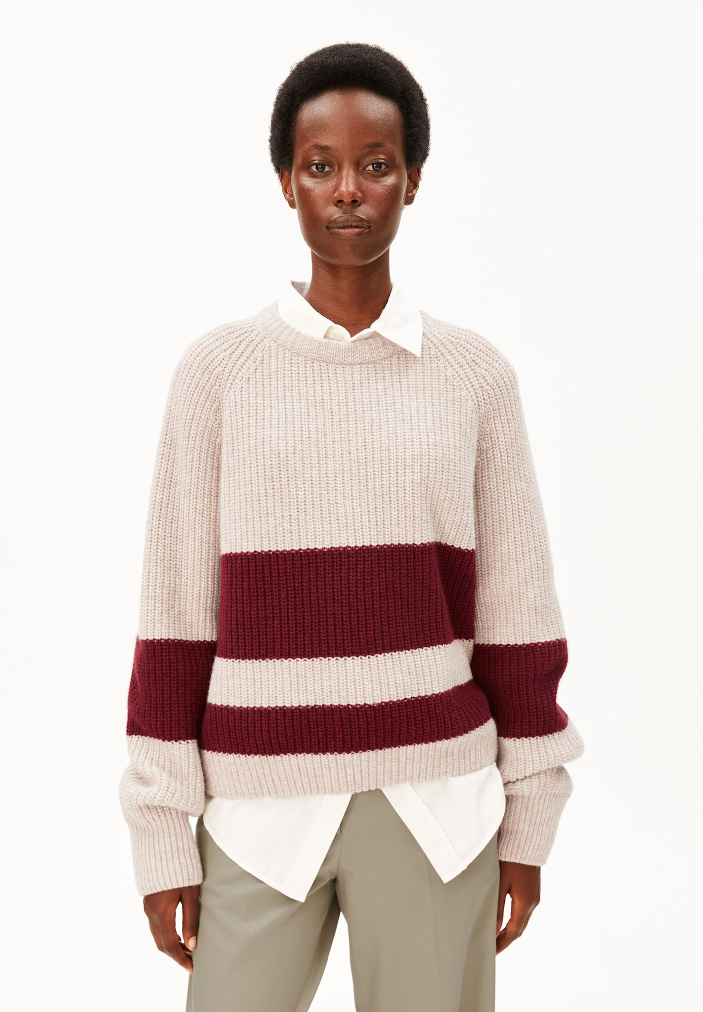 Armedangels Armedangels, Rib Striped Sweater, honey mel.-velvet red, M