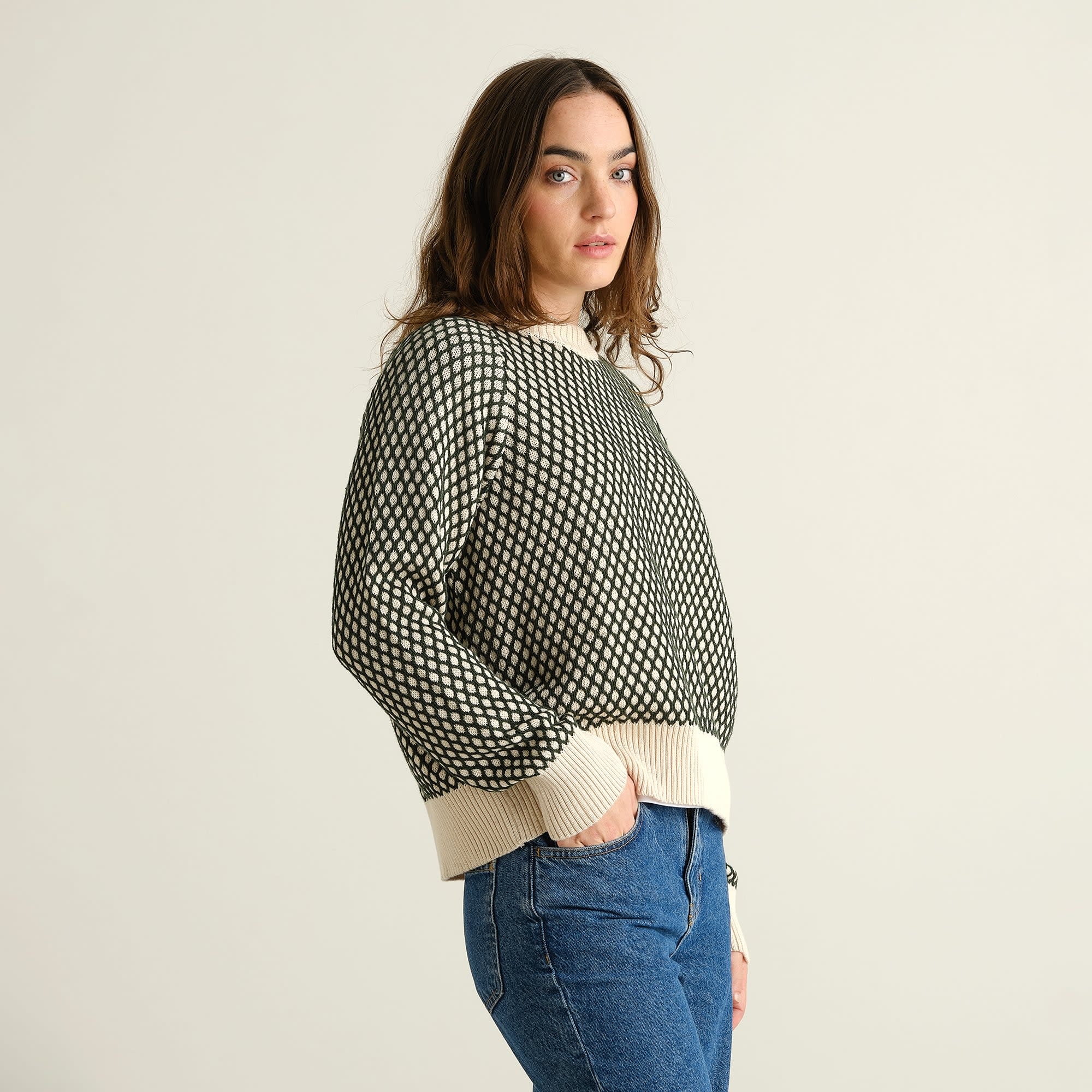 Dedicated Dedicated, Husie Bubble Knit, dark green/vanilla white, S