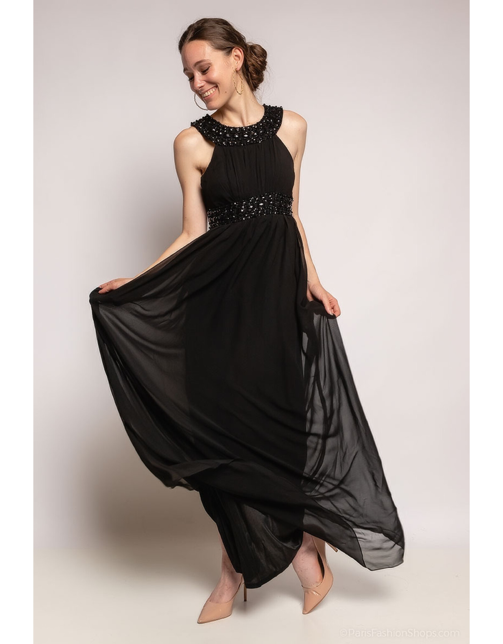 Paris Es'tyl 1313 - Long Halter Neck Silk blend chiffon dress