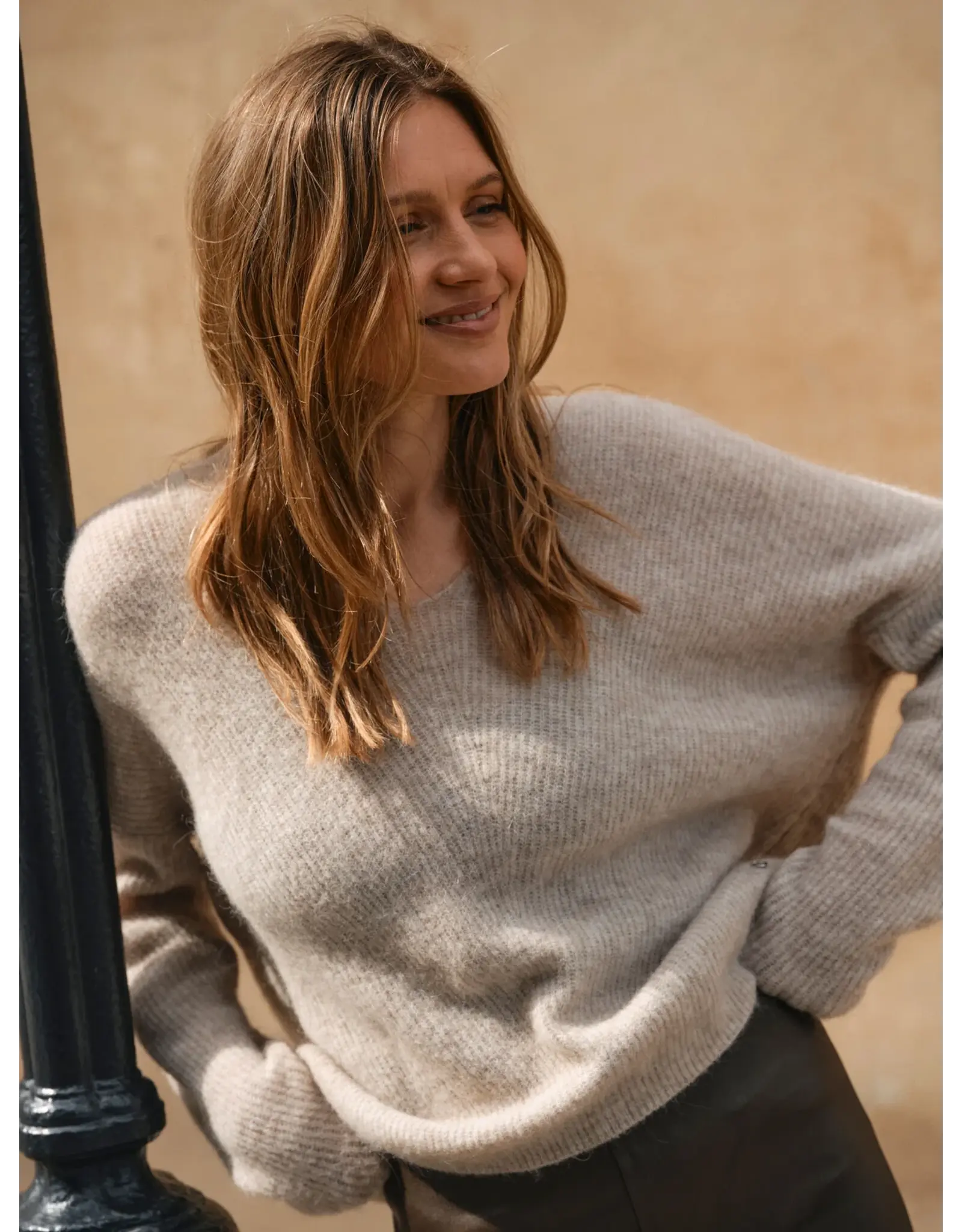 Mos Mosh Thora V Neck  Ecru Oversize Sweater