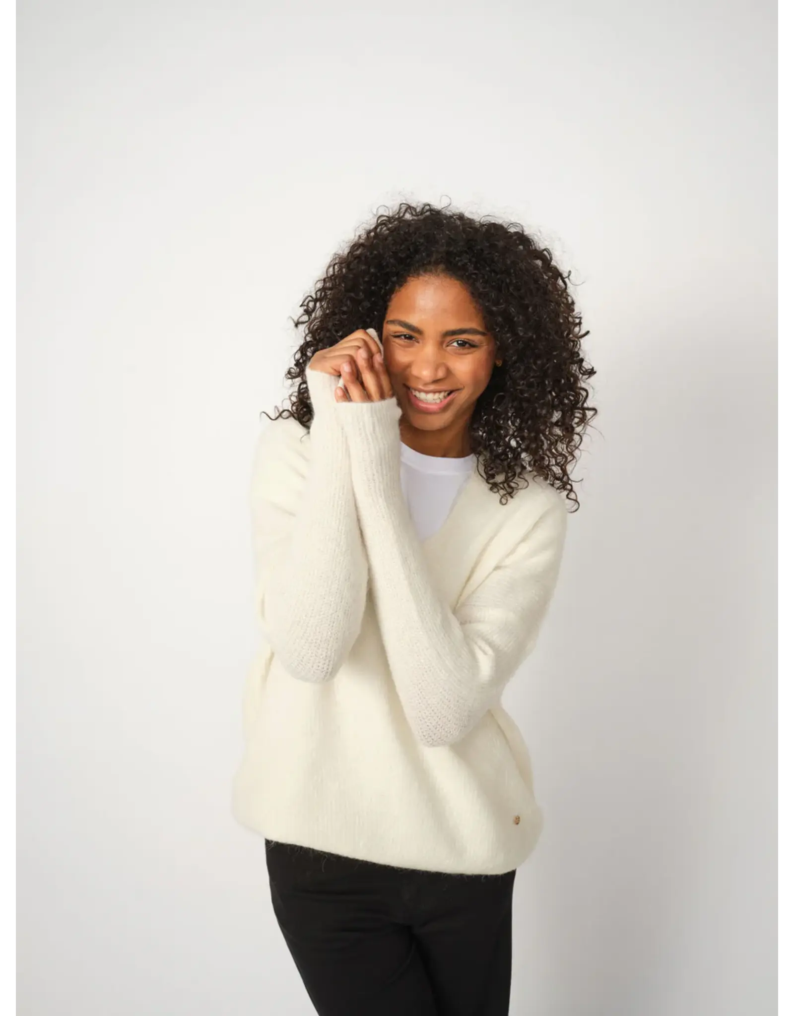 Mos Mosh Thora V Neck  Ecru Oversize Sweater