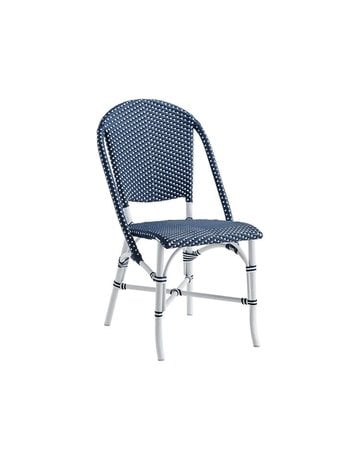 Exterior Sofie Chair, Exterior. Aluminium frame white. ArtFibre weave Navy blue w White Dots.