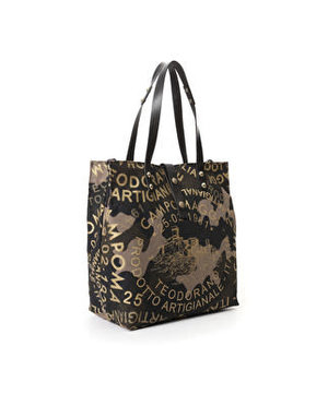 Campomaggi Shopper. Long Handles. Canvas and leather. Camouflage + Black + Gold Print.