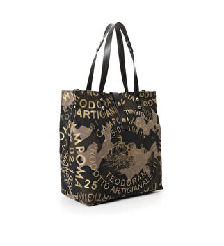 Campomaggi Shopper. Long Handles. Canvas and leather. Camouflage + Black + Gold Print.