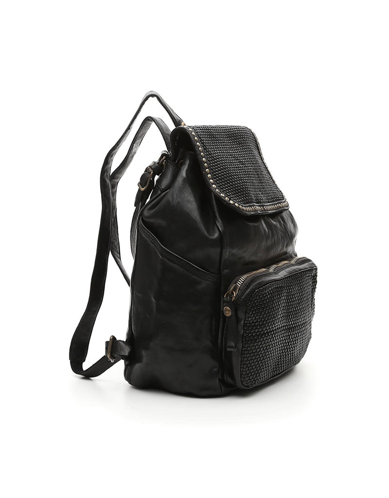Campomaggi Genuine Leather. Backpack. Thin woven + Studs. Black.