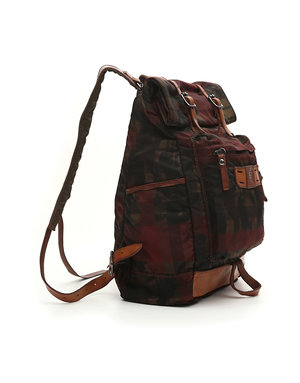 Campomaggi Backpack. Leather and Fabric. Camoflage + Tartan. Red Tartan Cognac Stained.