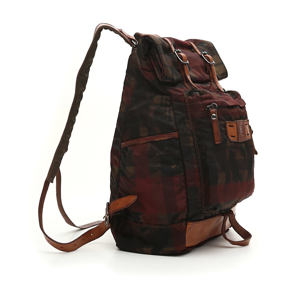 Campomaggi Backpack. Leather and Fabric. Camoflage + Tartan. Red Tartan Cognac Stained.