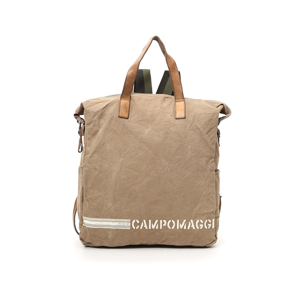 Campomaggi Backpack. Medium. Canvas + Leather + Ribbon. Beige + Cognac Stained + White Print.