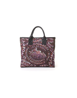 Campomaggi Shopping bag. Small. Genuine Leather + Canvas. Overlapping Print. Brown + Black + White + Baked + Violet Print