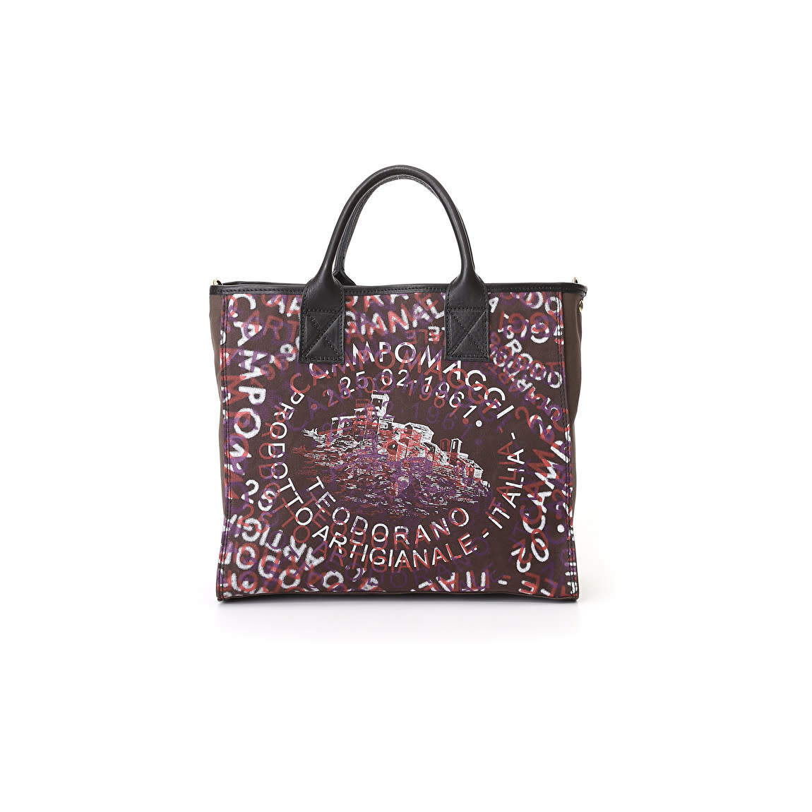 Campomaggi Shopping bag. Small. Genuine Leather + Canvas. Overlapping Print. Brown + Black + White + Baked + Violet Print