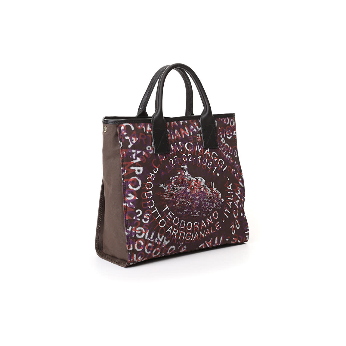 Campomaggi Shopping bag. Small. Genuine Leather + Canvas. Overlapping Print. Brown + Black + White + Baked + Violet Print