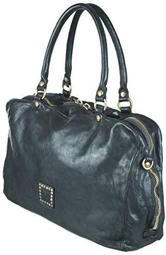 Campomaggi Shopping bag w spiral. Fabric & leather. Black.