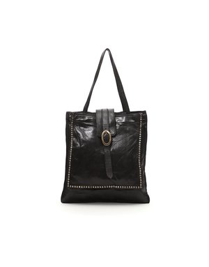 Campomaggi Shoulder bag. Vertical. Genuine leather + oval buckle strap + studs. Black.