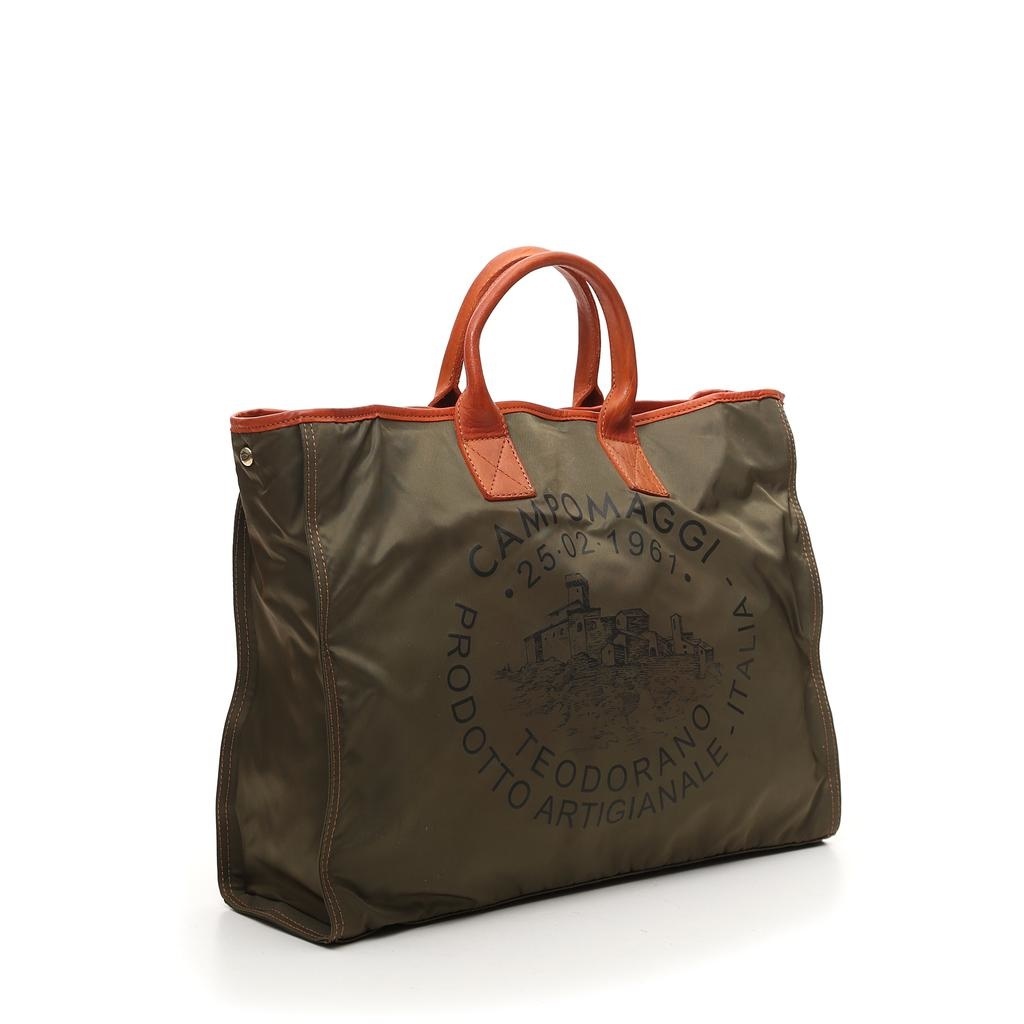 Campomaggi Shopping bag. Large. Nylon + Leather. Military + Baked + Black Print.
