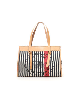 Campomaggi Shopping Bag. Medium. Genuine leather  + Striped Fabric. Handles + Knots. Natural + Blue Stripes + Black Print.