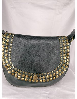 Campomaggi Crossbody. Medium. Leather + Studs - P/D (Black Gold) Green Bottle.