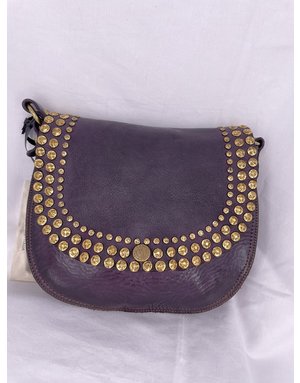 Campomaggi Crossbody. Medium. Leather + Studs - P/D (Black Gold) Amethyst.