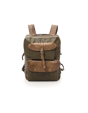 Campomaggi Backpack. Coated Fabric and Leather. Military + Military Stained + Black print.