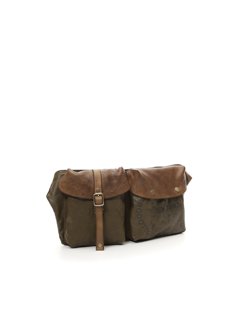 Campomaggi Waist bag. Coated Fabric and Leather. Military + Military Stained + Black print.