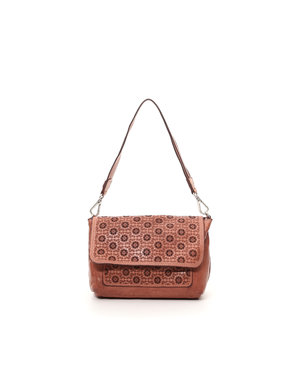 Campomaggi Crossbody. Medium. Laser perforated bleached leather + all over flowers. Mauve.