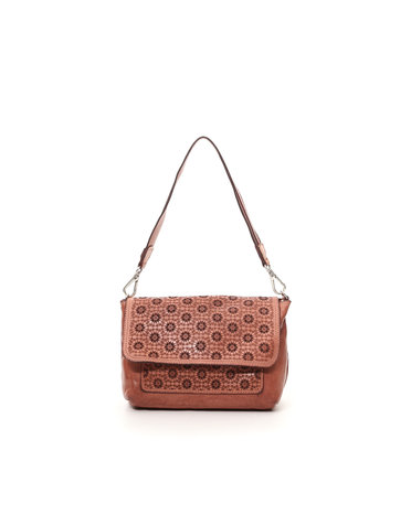 Campomaggi Crossbody. Medium. Laser perforated bleached leather + all over flowers. Mauve.