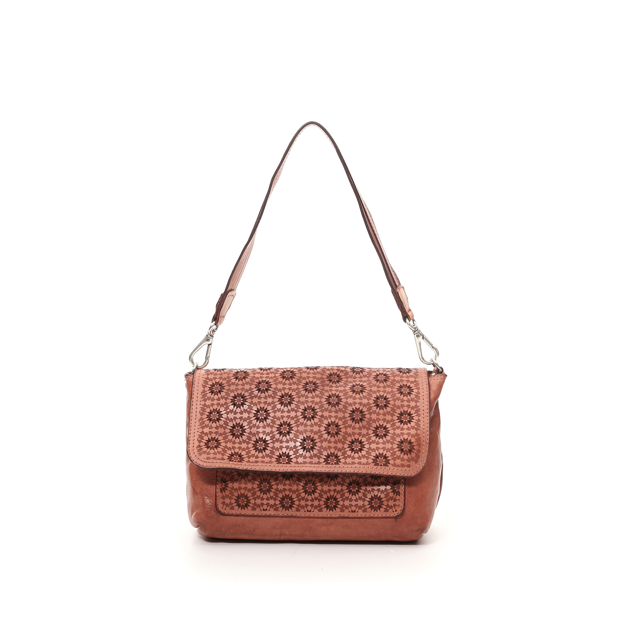 Campomaggi Crossbody. Medium. Laser perforated bleached leather + all over flowers. Mauve.