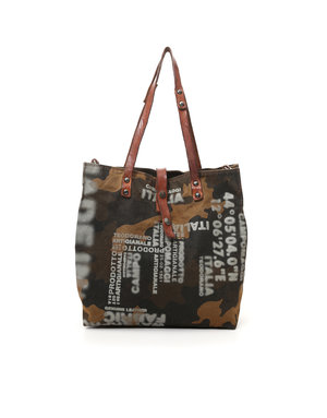 Campomaggi Shopper. Canvas and leather. Logo. Camouflage+Cognac Stained+Grey Print.