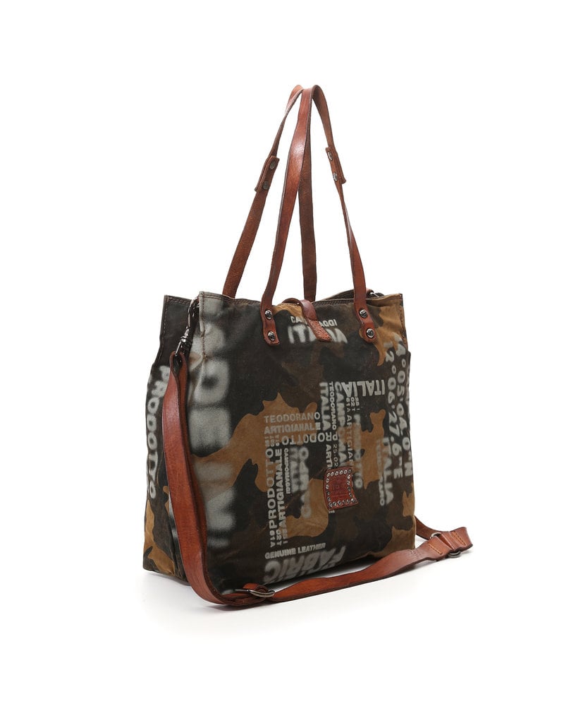 Campomaggi Shopper. Canvas and leather. Logo. Camouflage+Cognac Stained+Grey Print.