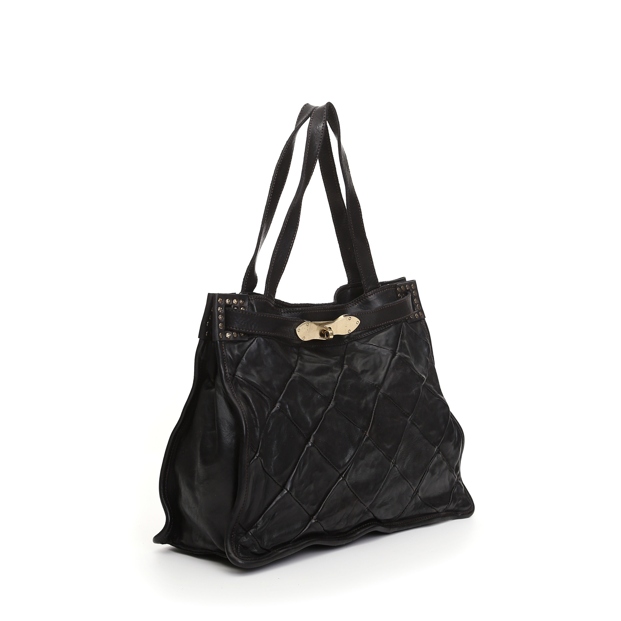 Campomaggi Shopping bag. Medium. Genuine leather. Patchwork Rhombuses. Black.