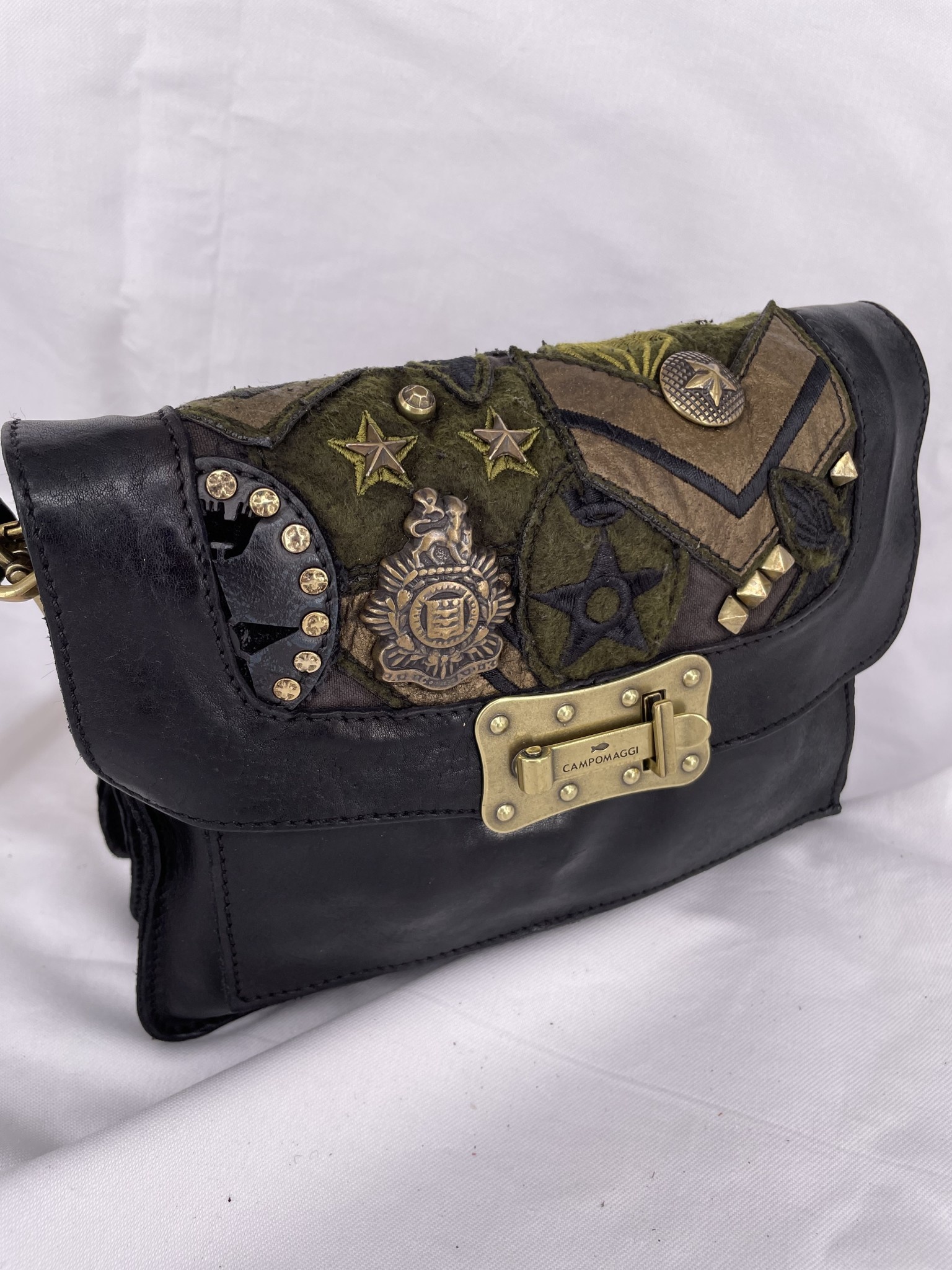 Campomaggi Agnes S Crossbody bag. Small. Leather + Patches + Studs. P/D Black.