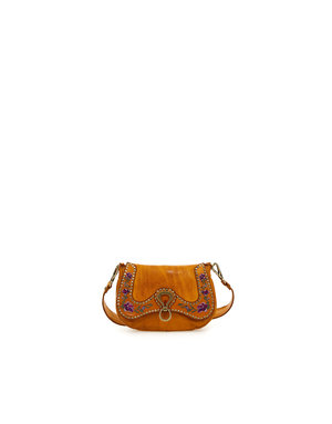 Campomaggi Shoulder bag. Small. Leather w Flap + Flower Embroidery + Studs. P/D  Violet Embroidery - D/Yellow