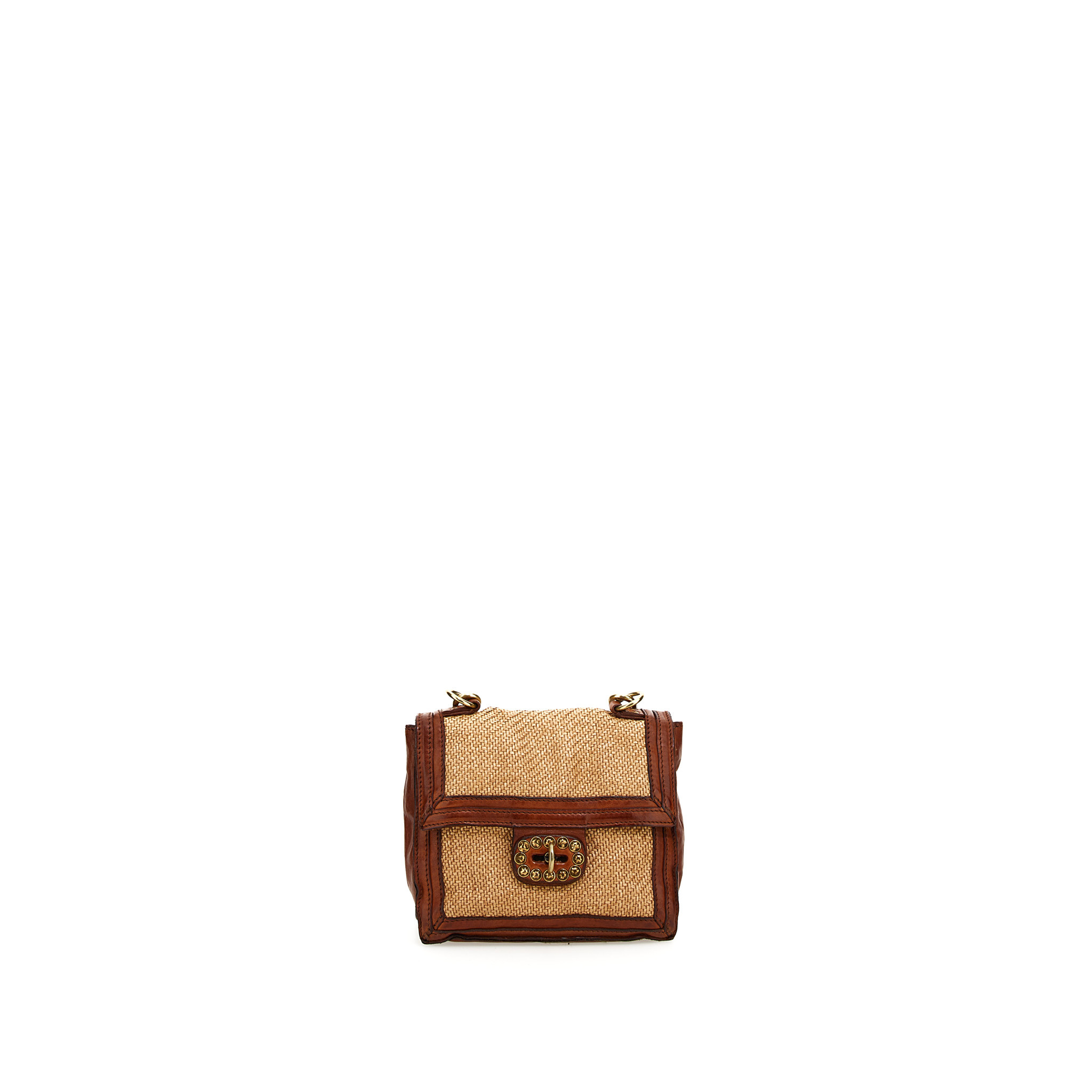 Campomaggi Mini Crossbody Bag. Leather + Straw. P/D Cognac.