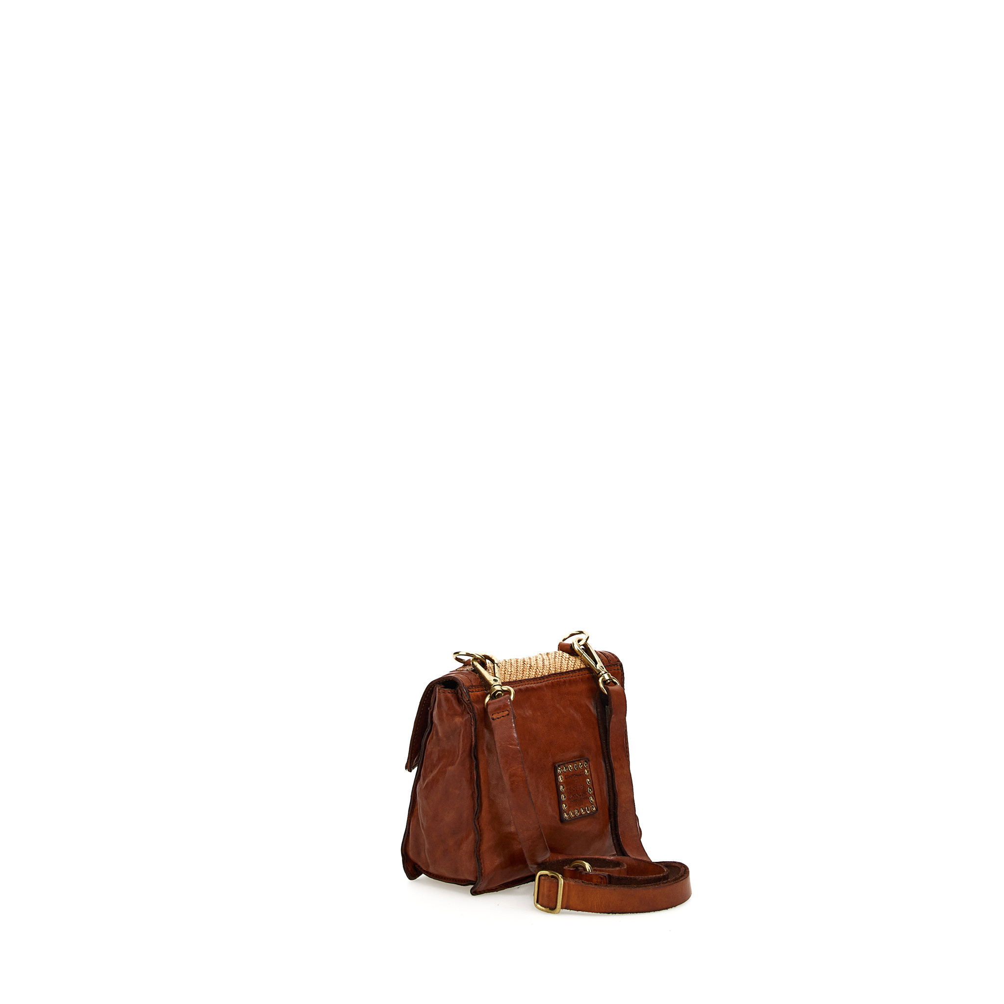 Campomaggi Mini Crossbody Bag. Leather + Straw. P/D Cognac.