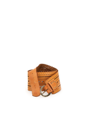 Campomaggi Belt. Cowhide Leather. Geometrical Perforated. P/D Camel.