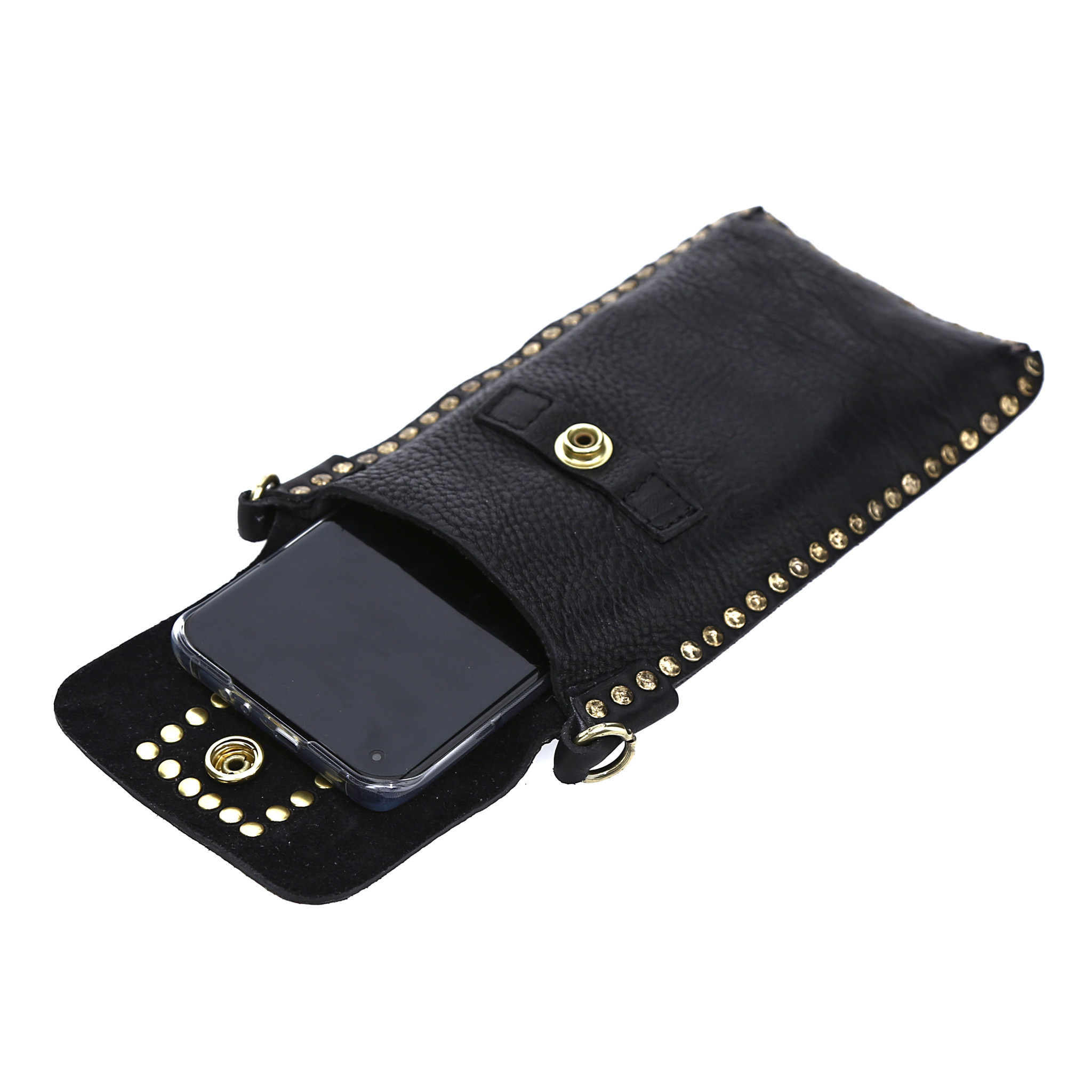 Campomaggi Phone Case. Washed Leather + Studs. Black.