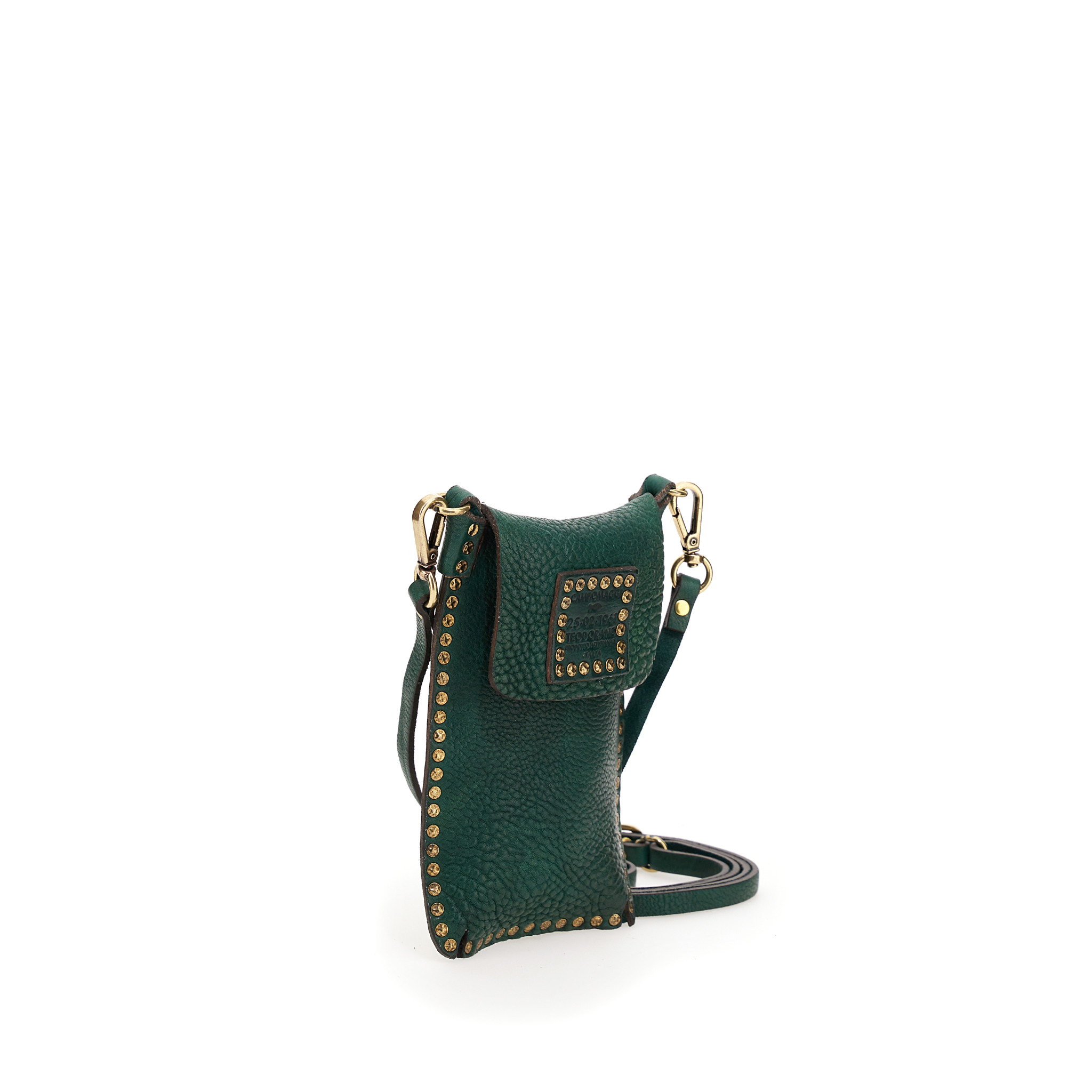 Campomaggi Phone Case. Washed Leather + Studs. Green Bottle.