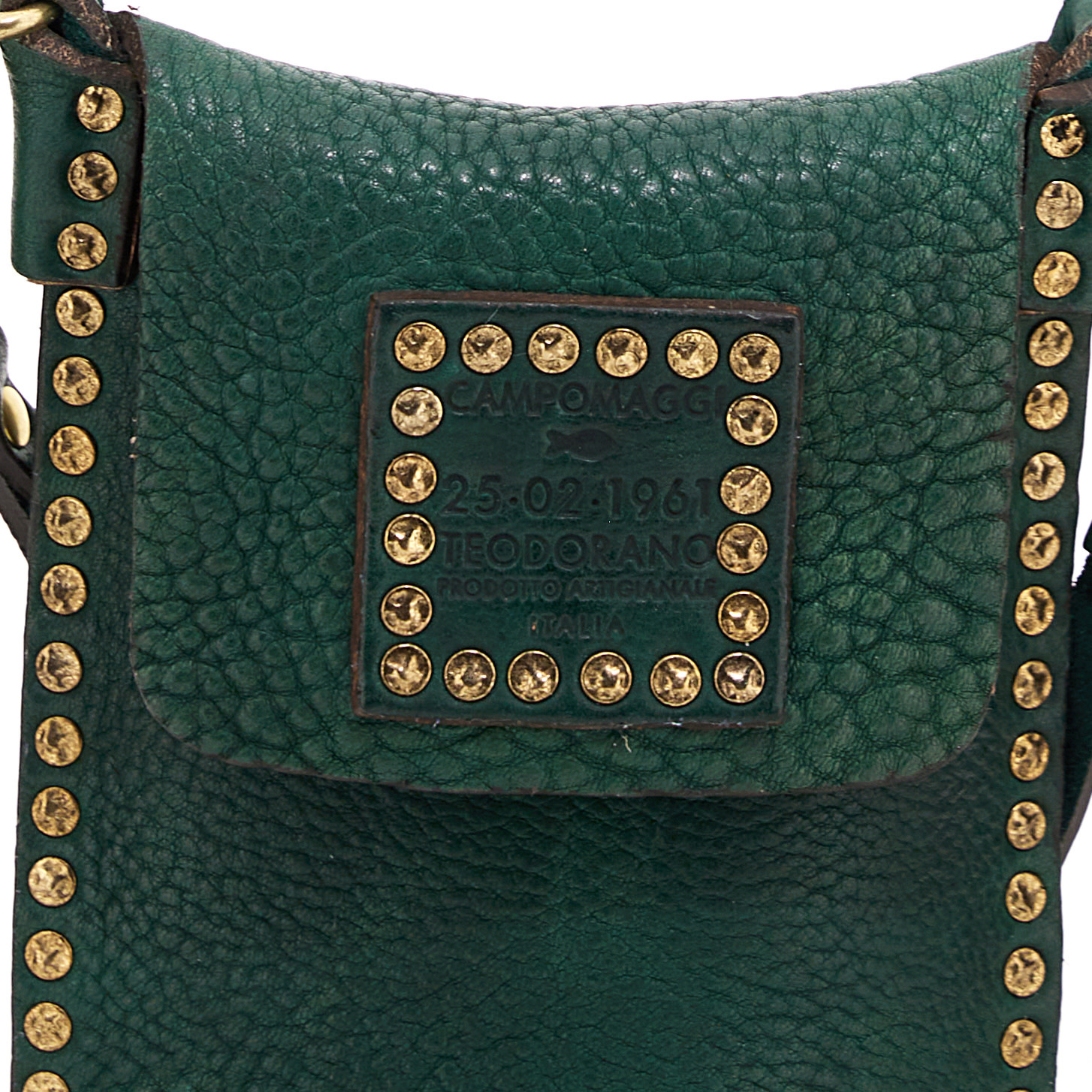 Campomaggi Phone Case. Washed Leather + Studs. Green Bottle.