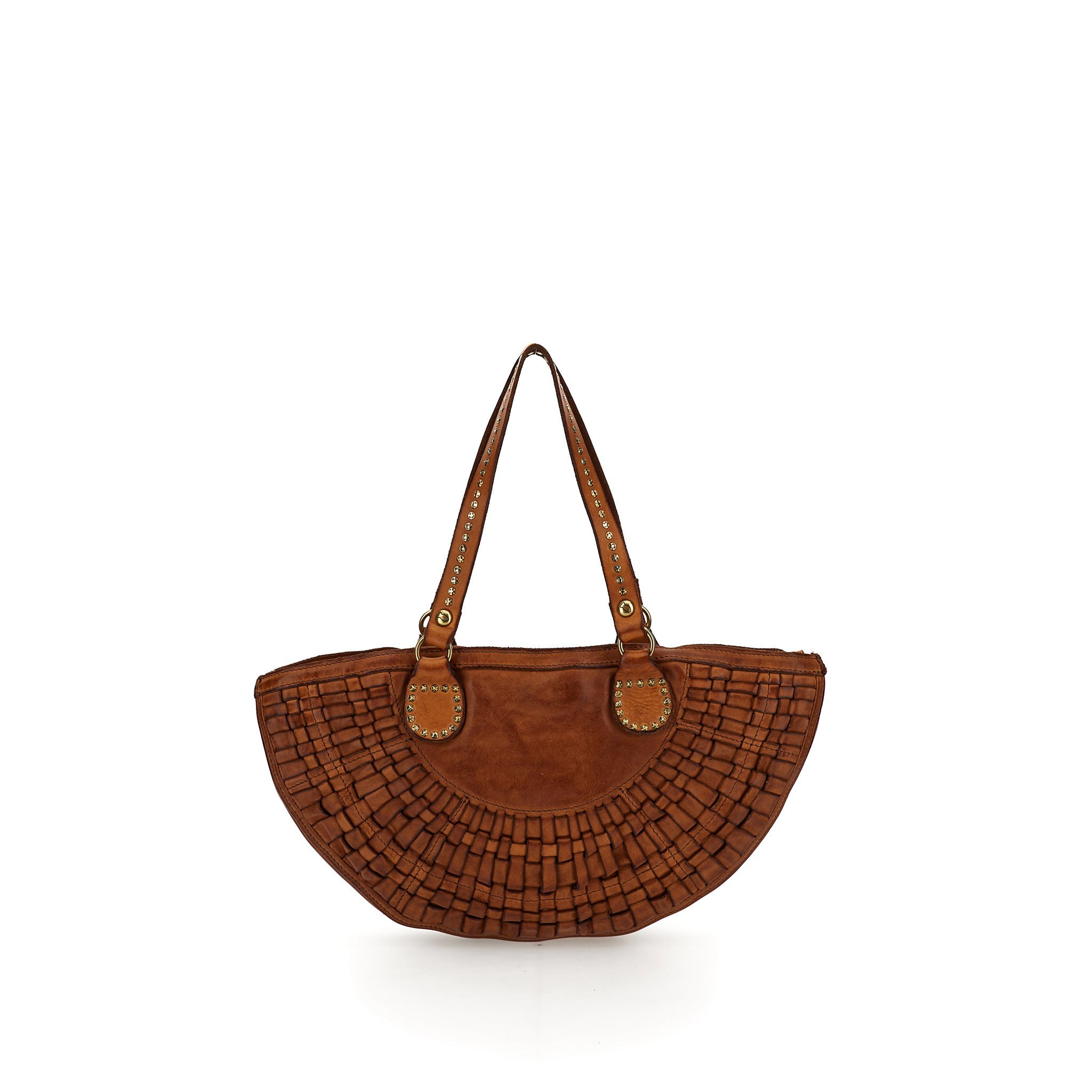 Campomaggi Shopping Bag. Medium. Genuine leather. Woven+Studs. Cognac.