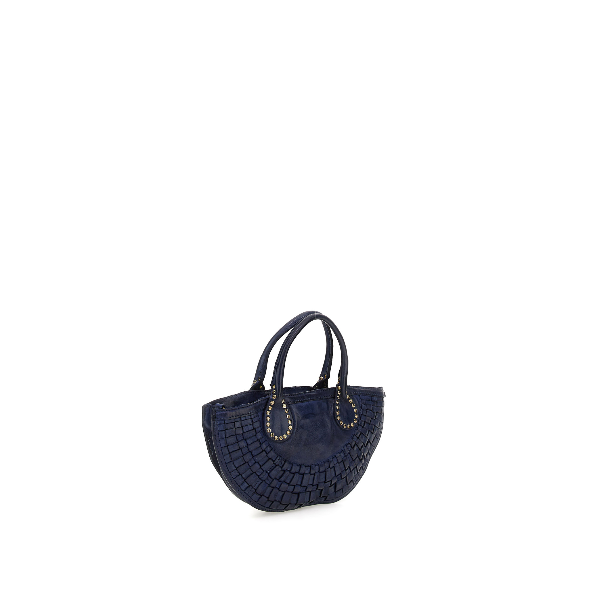 Campomaggi Shopping Bag. Small. Genuine leather. Woven+Studs. Blue Indigo.