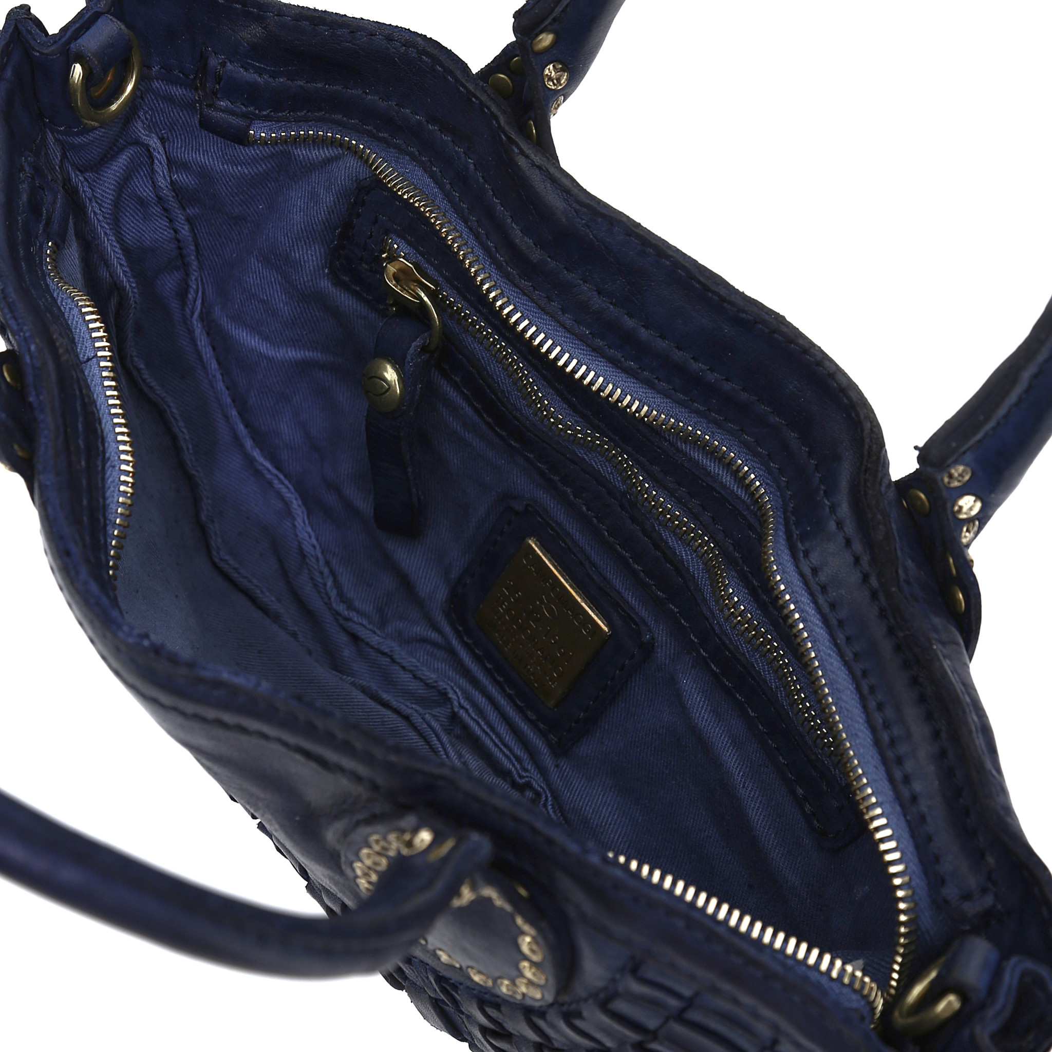 Campomaggi Shopping Bag. Small. Genuine leather. Woven+Studs. Blue Indigo.
